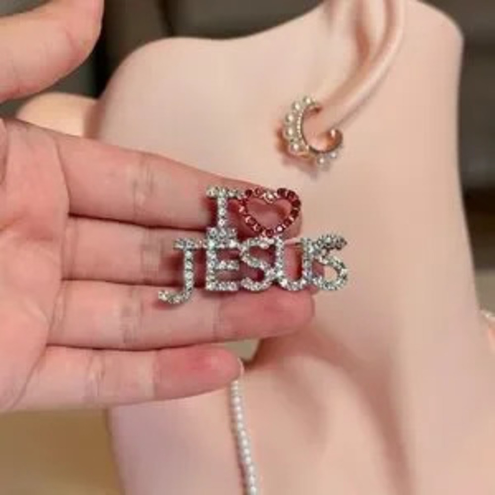 I Love Jesus Rhinestone Brooch - Silver with Red Heart
